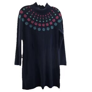 Talbots Fair Isle Embroidered Ribbed Knit Long Sleeve Dress Blue Small Petite